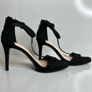 Kelly & Katie Womens Black Microsuede Open Toed Heels.Size 7.